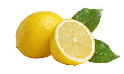 Close-up shot of two fresh lemons, one whole and one sliced open, with green leaves.