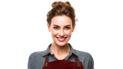 Smiling woman wearing apron and patterned shirt
