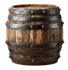 A detailed image of a wooden barrel with metal bands, showing its aged texture and design.