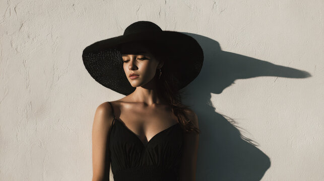 Woman in black hat by wall