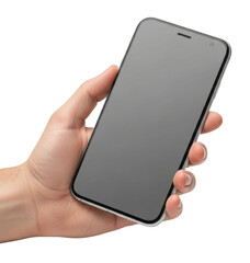 A person's hand holding a modern smartphone with a dark screen, isolated.