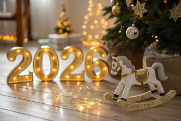 Festive indoor New Year 2026 celebration with illuminated numbers, rocking horse, decorated Christmas tree, presents, and warm glowing holiday atmosphere generative ai