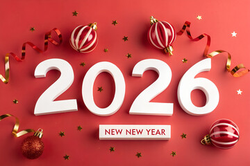 Festive New Year 2026 design with bold white numbers, red background, striped ornaments, ribbon curls, gold star confetti, and cheerful celebratory atmosphere generative ai