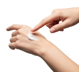 Close-up shot of a person's hand applying white cream to the palm.