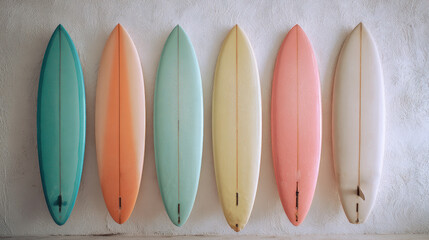 Fototapeta premium Colorful surfboards lined on a wall