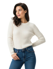 Woman in a cream-colored sweater and blue jeans poses, looking to the side, with a white background.