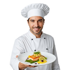 A smiling chef in a white uniform holding a plate with a delicious salmon dish.