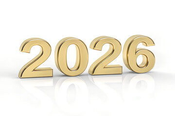Gold 3D 2026 numbers on reflective white surface with mirrored effect, symbolizing new year, milestones, celebration, and future events in a modern design generative ai