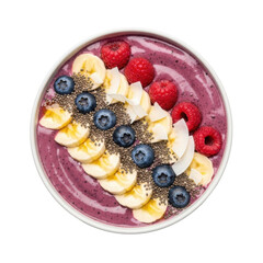 A vibrant and colorful smoothie bowl, garnished with fresh fruit and seeds, a healthy breakfast.