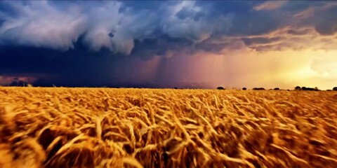 Golden wheat field under dramatic stormy sky at sunset - Powered by Adobe