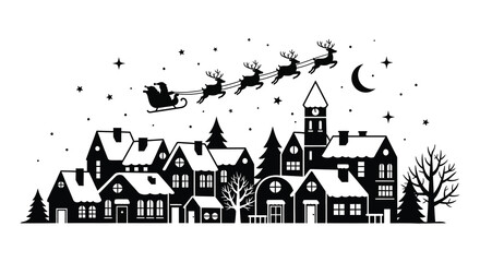 Charming winter village scene with santa claus flying his sleigh silhouette