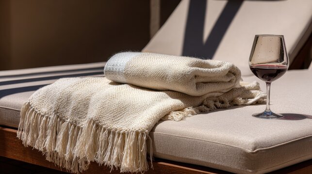 Wine and cozy blanket by pool
