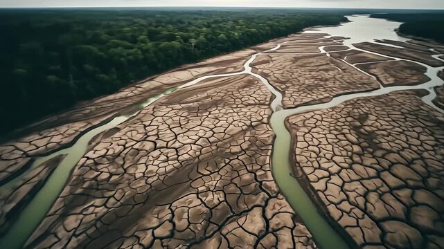 An aerial view of dry, cracked earth with thin rivers flowing through it next to a forest