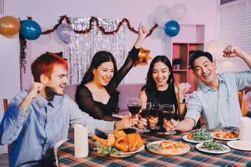 Diversity, dinner and group of people toast celebration together at party. Friends, happy and celebrate with food, wine and friendship for love, support and cheers champagne at business function