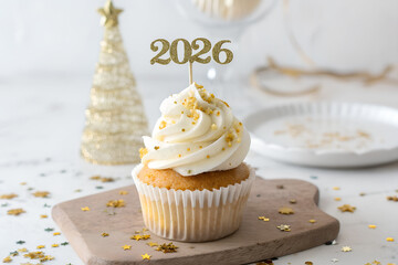 Festive cupcake with gold 2026 topper, white frosting, golden sprinkles, star confetti, and elegant celebratory decorations for New Year or milestone event generative ai