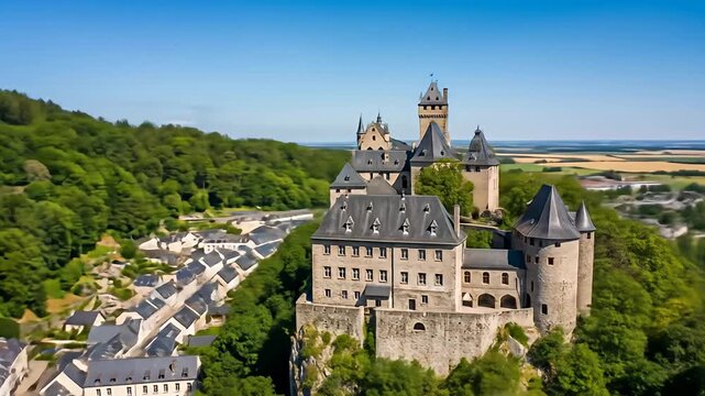 Aerial view of a large, stone castle on a hill surrounded by greenery and a village