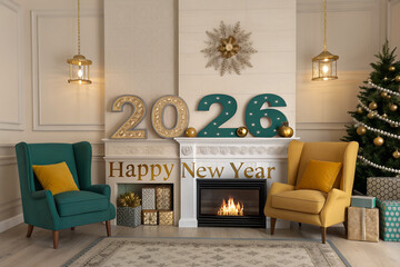 Cozy living room New Year 2026 celebration with glowing fireplace, festive tree, gold and teal decor, Happy New Year lights, gifts, and warm holiday atmosphere generative ai