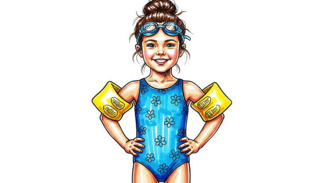 Smiling young swimmer with swim goggles and floaties is ready for summer fun at the pool, swimming lessons are a great way to stay active and healthy