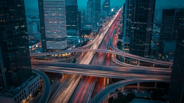 Night city view featuring elevated highways with glowing light trails through buildings