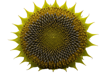 Freshly cut halved sunflower, extreme macro, revealing Fibonacci spiral, glistening seeds, golden ray florets, on transparent, soft shadow. Concept of perfection nature and microcosm