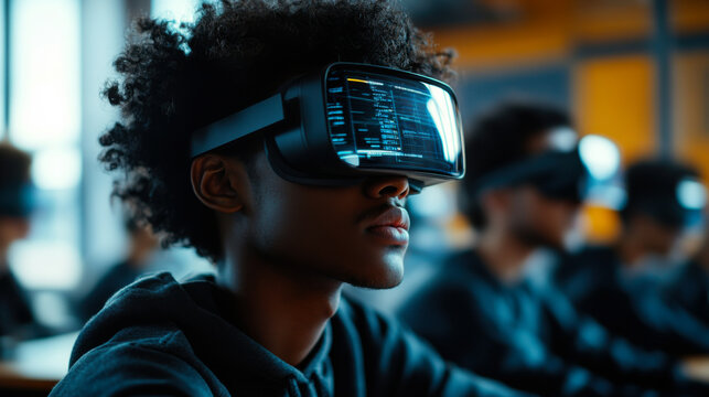 Students engage in virtual reality learning during a technology class in a modern classroom setting