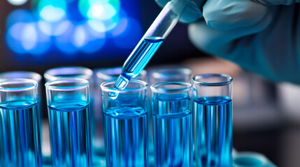 Experimental process in a laboratory with blue chemical solution and pipette during scientific research