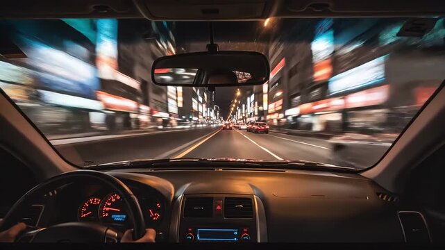 Driving Through a Vibrant City at Night with Motion Blur.