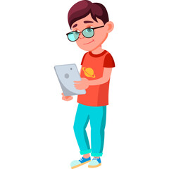 Young Boy Wearing Glasses and Orange T Shirt Holding a Tablet Computer on a White Background