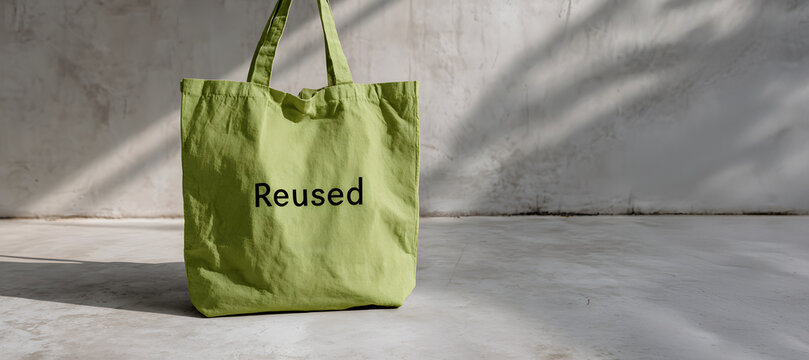 green shopping bag mockup is expertly positioned on a raw white concrete floor, capturing the dramatic shadow cast by bright sunlight, making it an ideal, high-impact background for designers