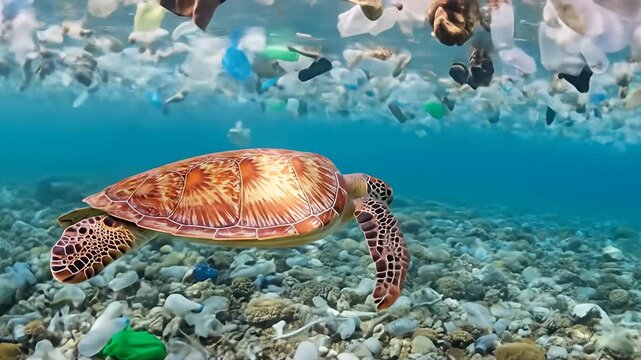Sea turtle swimming in ocean filled with trash and plastic pollution, seabed covered