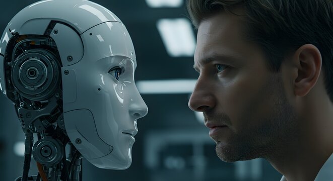 Man and advanced AI robot face to face, exploring future technology and innovation