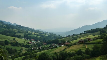 Obraz premium green valley farmhouses