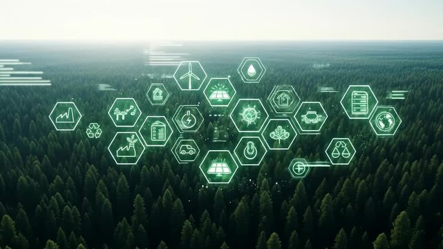 Aerial view of a lush forest with overlaid green energy and sustainability icons