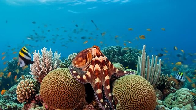Vibrant underwater scene octopus atop coral, surrounded by fish and ocean depths