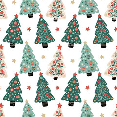 Seamless Christmas tree pattern with Scandinavian folk art style. Cute hand-drawn festive trees decorated with flowers and ornaments, perfect for fabric, wrapping paper, wallpaper, and holiday project