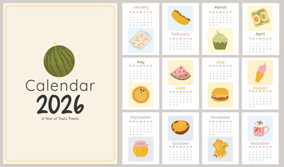 Flat vector food calendar template for 2026. Vertical printable wall design A3 monthly pages, modern home decor illustration.