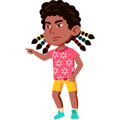 Young Girl With Braids And Flowers On Her Shirt Points Finger Angrily Isolated On White Background Wearing Yellow Shorts And Blue Shoes