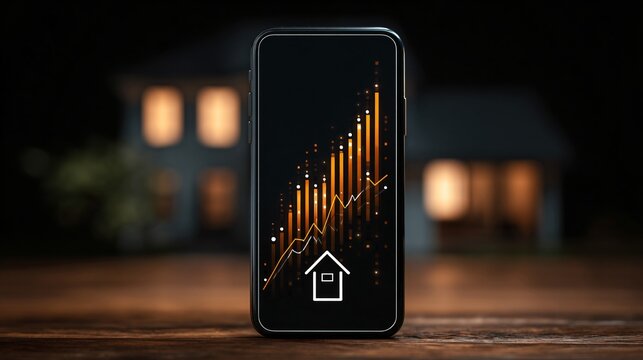 A smartphone displaying a financial growth chart with a house icon. The background features a dimly lit house with glowing windows.