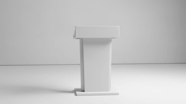 A pristine white lectern stands centered against a gradient white backdrop. Soft lighting and minimal design