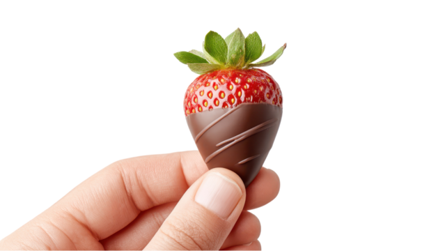 Hand Holding Chocolate Dipped Strawberry on White
