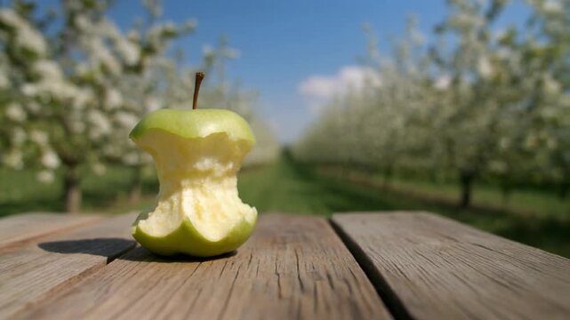 Half Eaten Green Apple Core on Rustic Wooden Table in Blooming Orchard Springtime Sunlight Blue Sky