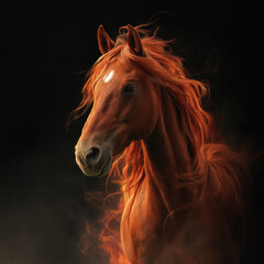 Beautiful Red horse with long fiery mane, a realistic , with magical fire around the body, against a black background
