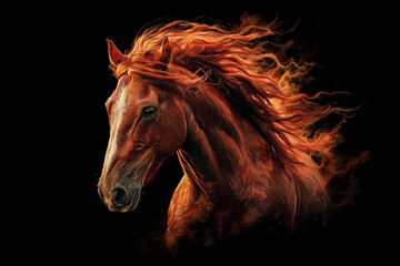 Beautiful Red horse with long fiery mane, a realistic , with magical fire around the body, against a black background