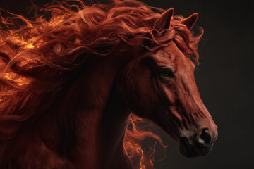 Beautiful Red horse with long fiery mane, a realistic , with magical fire around the body, against a black background