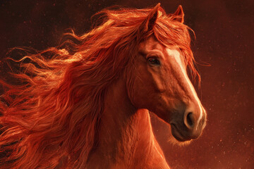 Beautiful Red horse with long fiery mane, a realistic , with magical fire around the body, against a black background