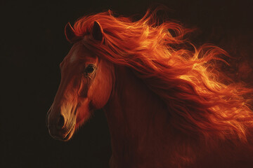 Beautiful Red horse with long fiery mane, a realistic , with magical fire around the body, against a black background