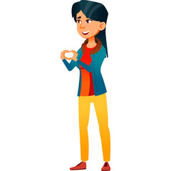 Young Asian Woman Forms Heart Shape With Hands Wearing Blue Jacket Orange Shirt Yellow Pants and Red Shoes White Background