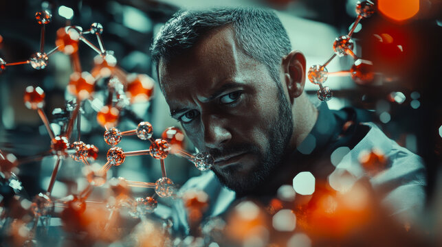 Scientist analyzing molecular structure in a modern laboratory with vibrant elements during a research experiment