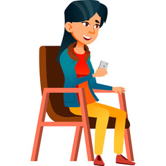 Young Asian Woman Sitting on a Chair Holding a Smartphone Smiling with Blue Jacket Orange Shirt and Yellow Pants Animated Character Illustration