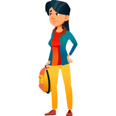 Young Asian Woman Standing Holding Backpack with Orange Red and Blue Jacket and Yellow Pants Isolated on White Background